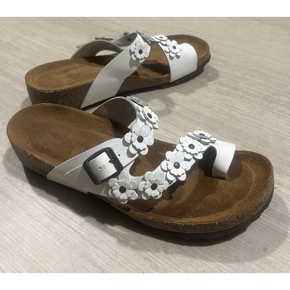 Sophia Milano White Floral Corkbead Leather Sandals Made In Italy Size W 8.5